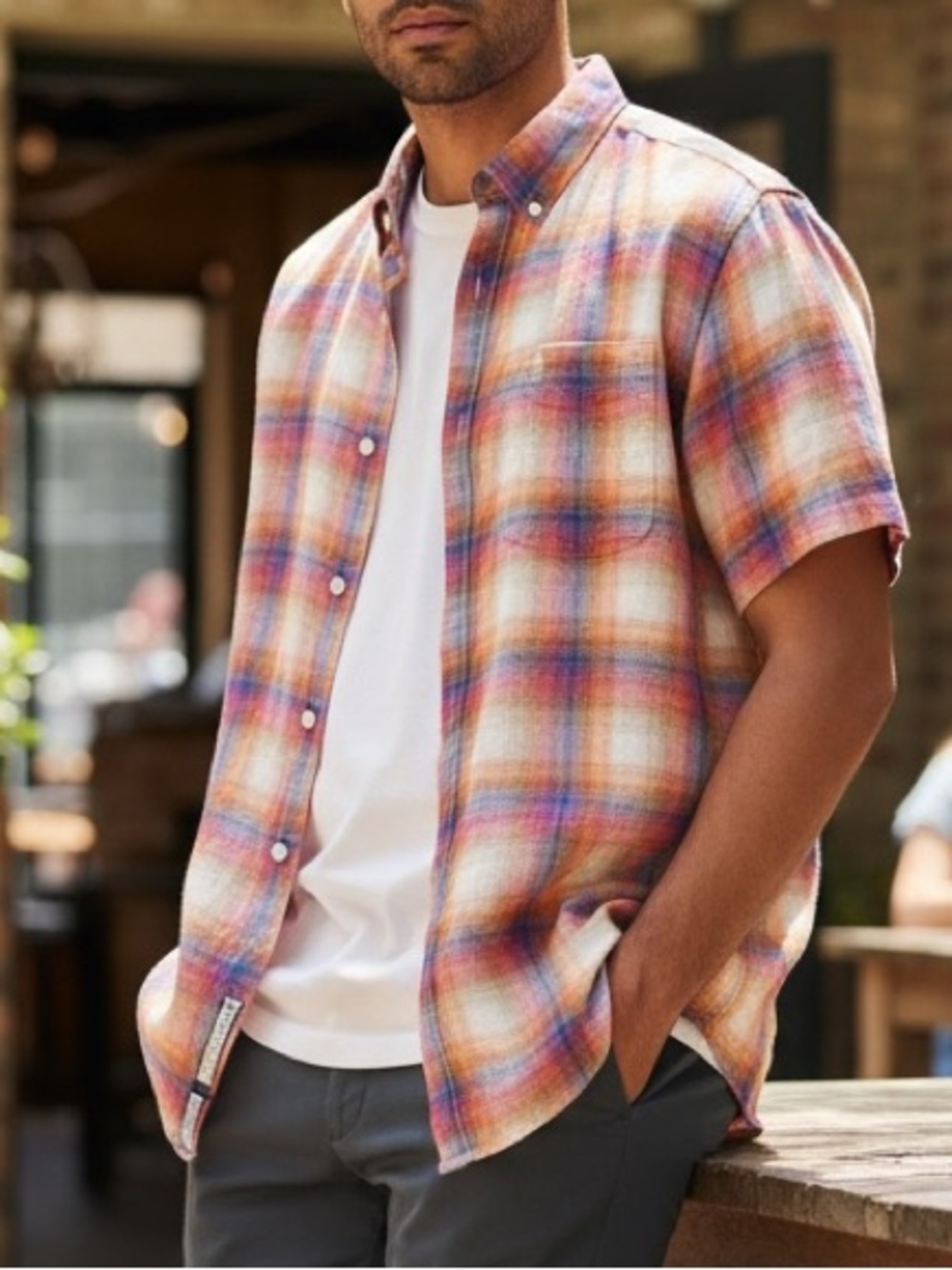 NWT Original Penguin Linen Delave Plaid Short Sleeve Woven Shirt M